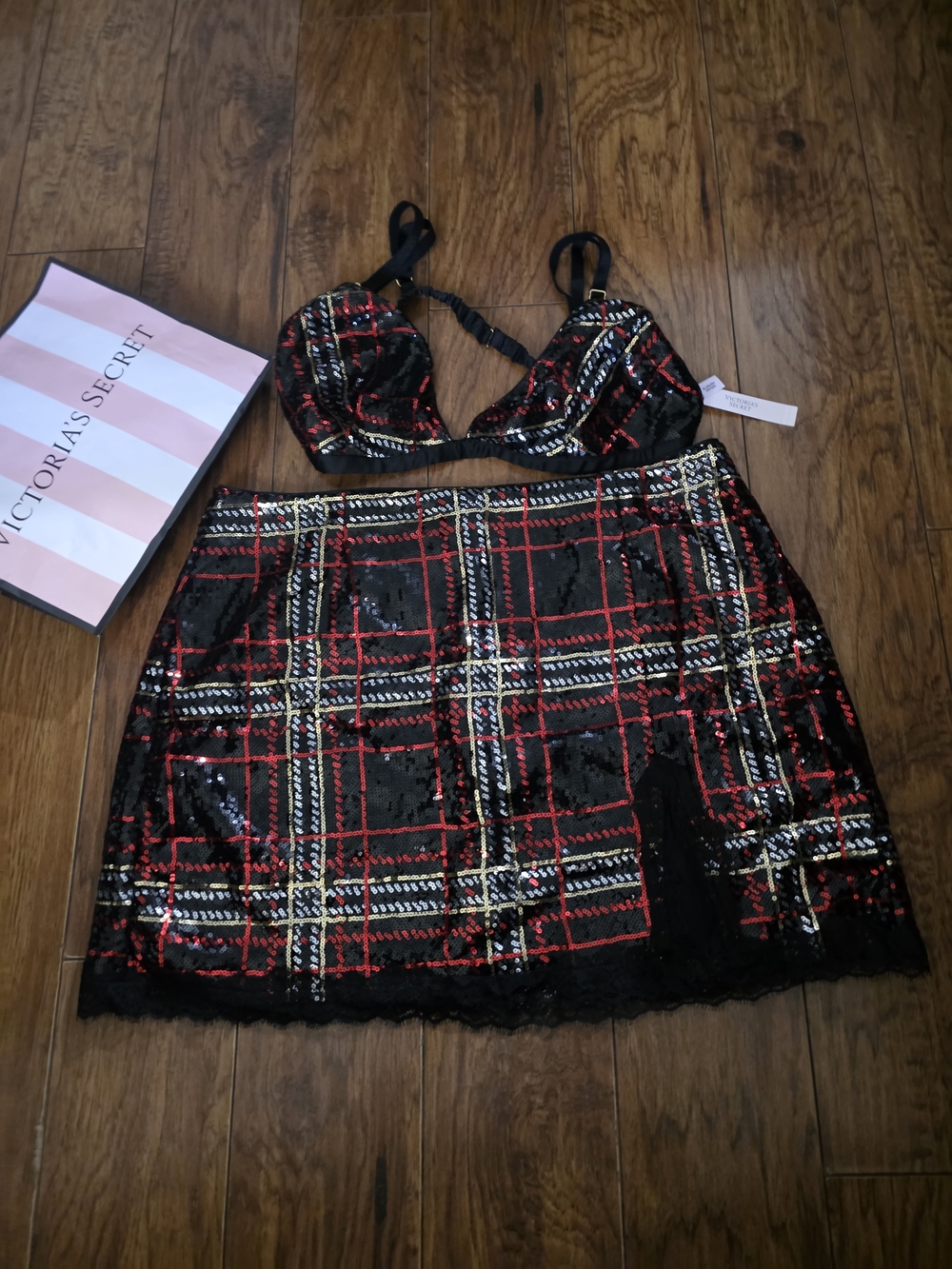 Victoria's Secret Black Bra & Skirt Set with Red Sequin Detail